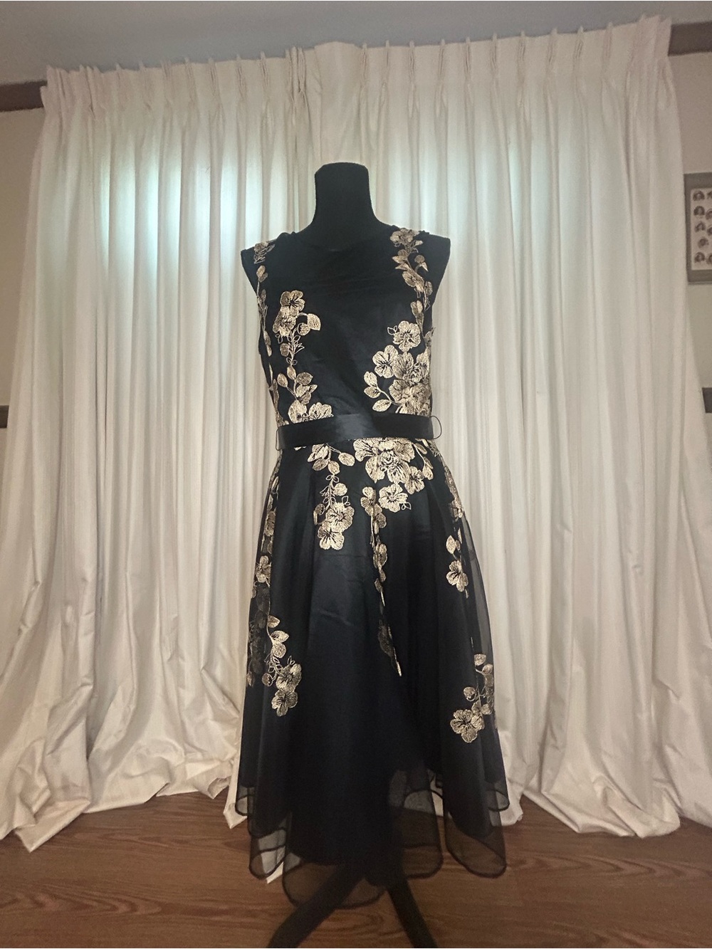 Glamour Black Midi Dress with Gold Floral Accents